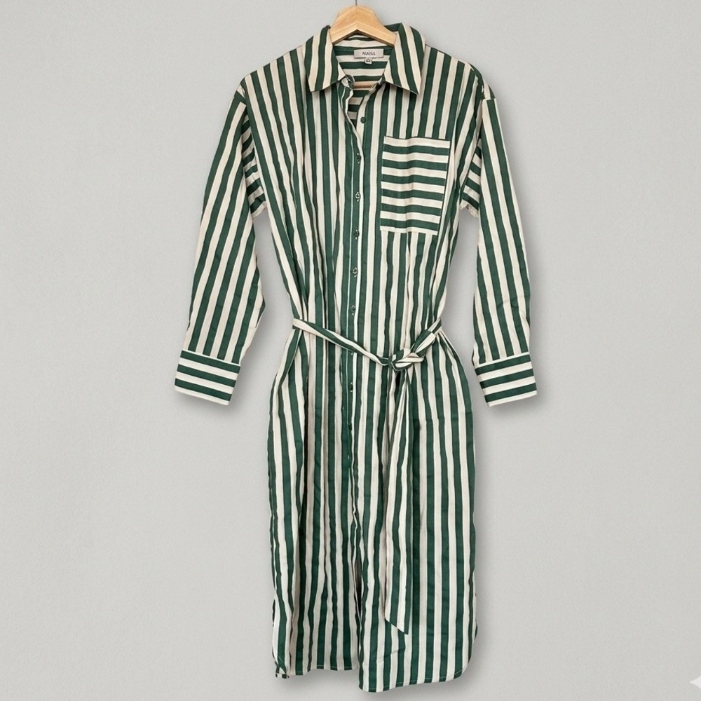 Green White Striped Button Down Midi Shirt Dress Belted Clean Girl Teacher Prep